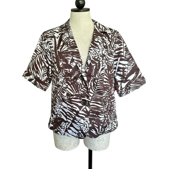 Coldwater Creek NEW Palm Print Jacket Short Sleeve Brown White 2 Button Size 14 - Picture 1 of 14